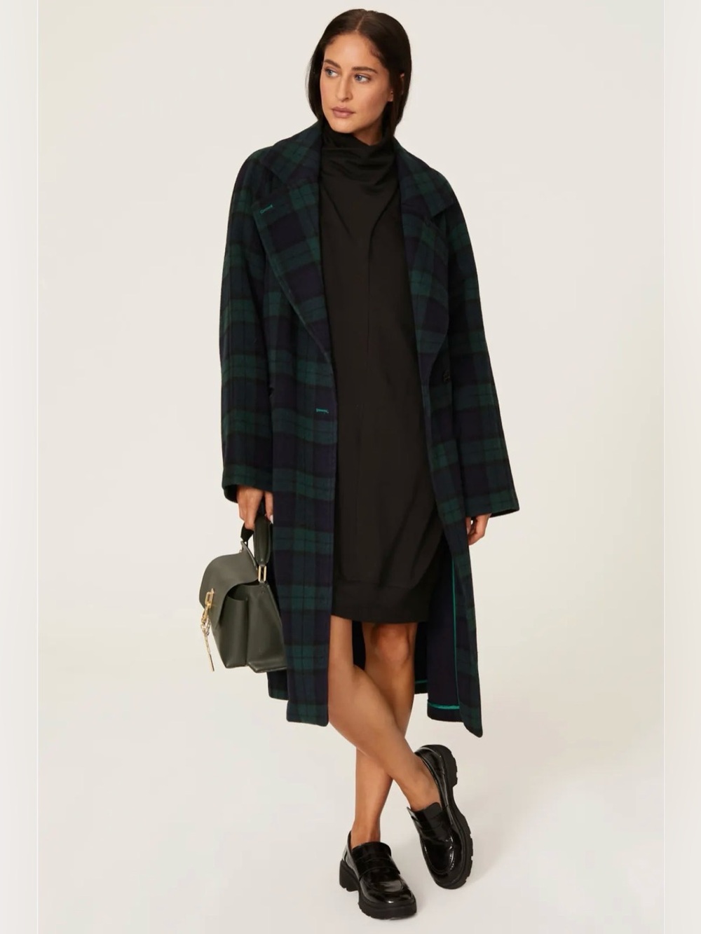 Avec Les Filles Navy & Green Plaid Wool Raglan Coat Large